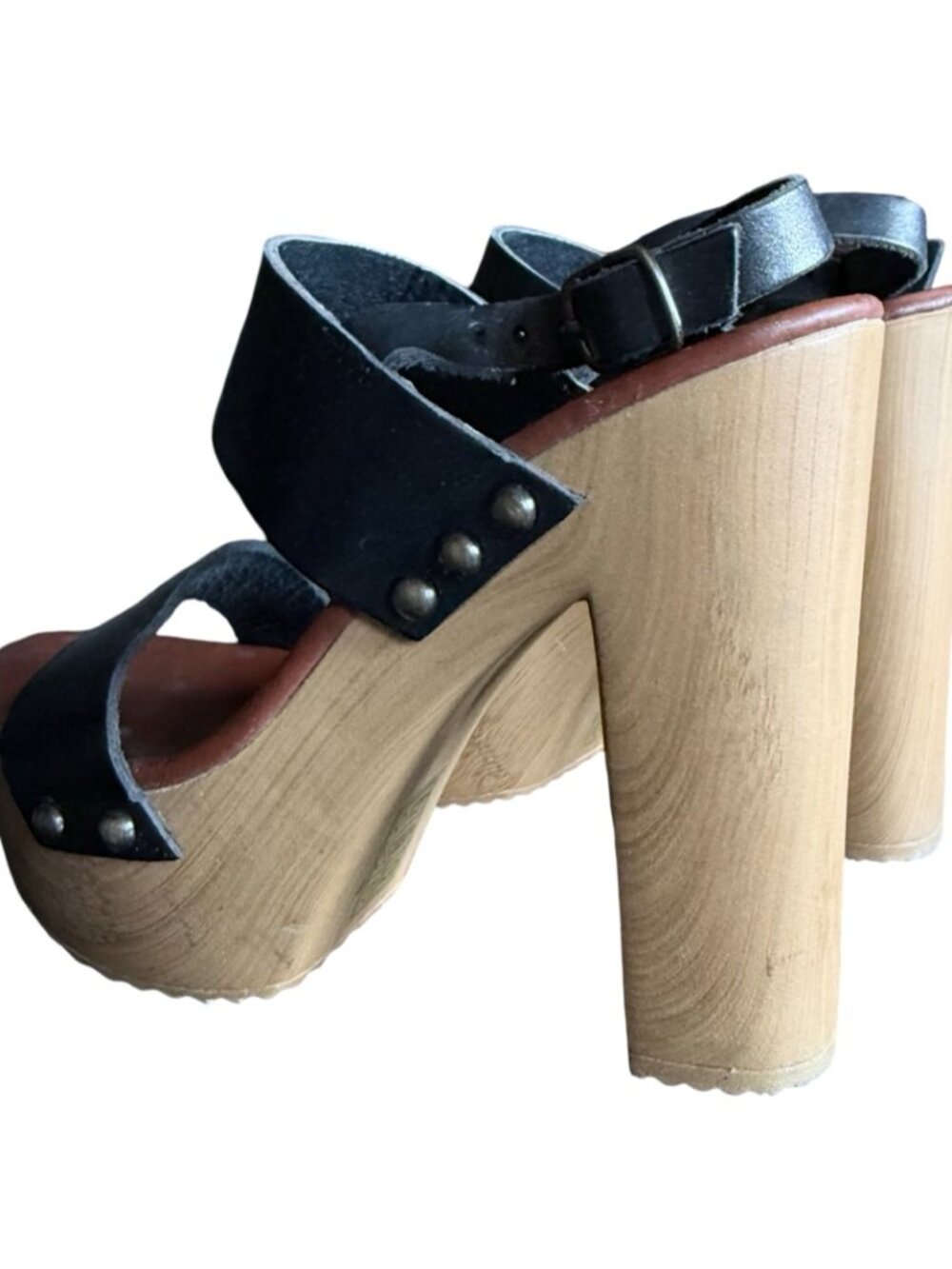 ShoeMint Black Leather Studded Wood Platform Sandals Retro 70s Clogs Size 5 - Picture 5 of 10